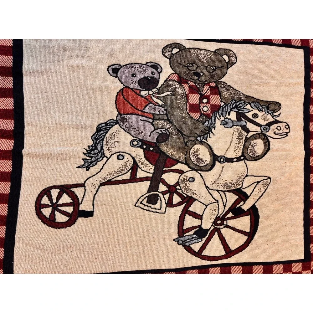 Vintage‎ Goodwin Weavers Teddy Bear Rocking Horse Woven Throw Blanket Gingham